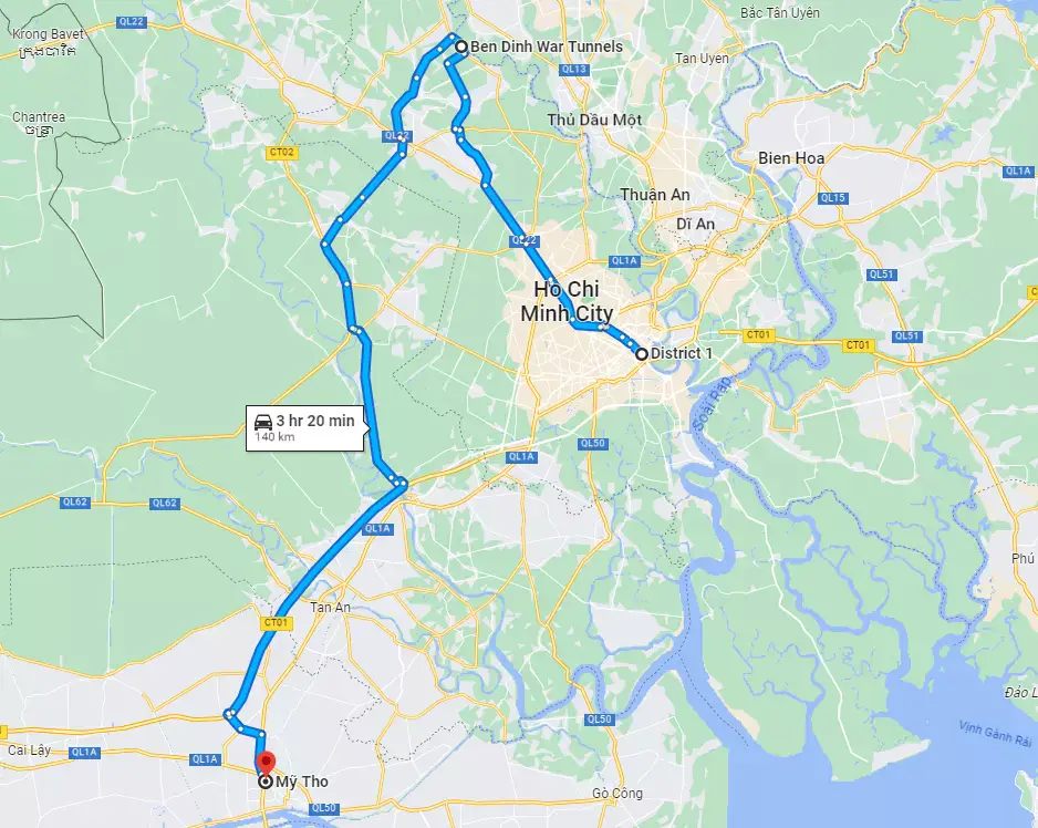 Cu Chi Tunnels - Mekong Delta route map