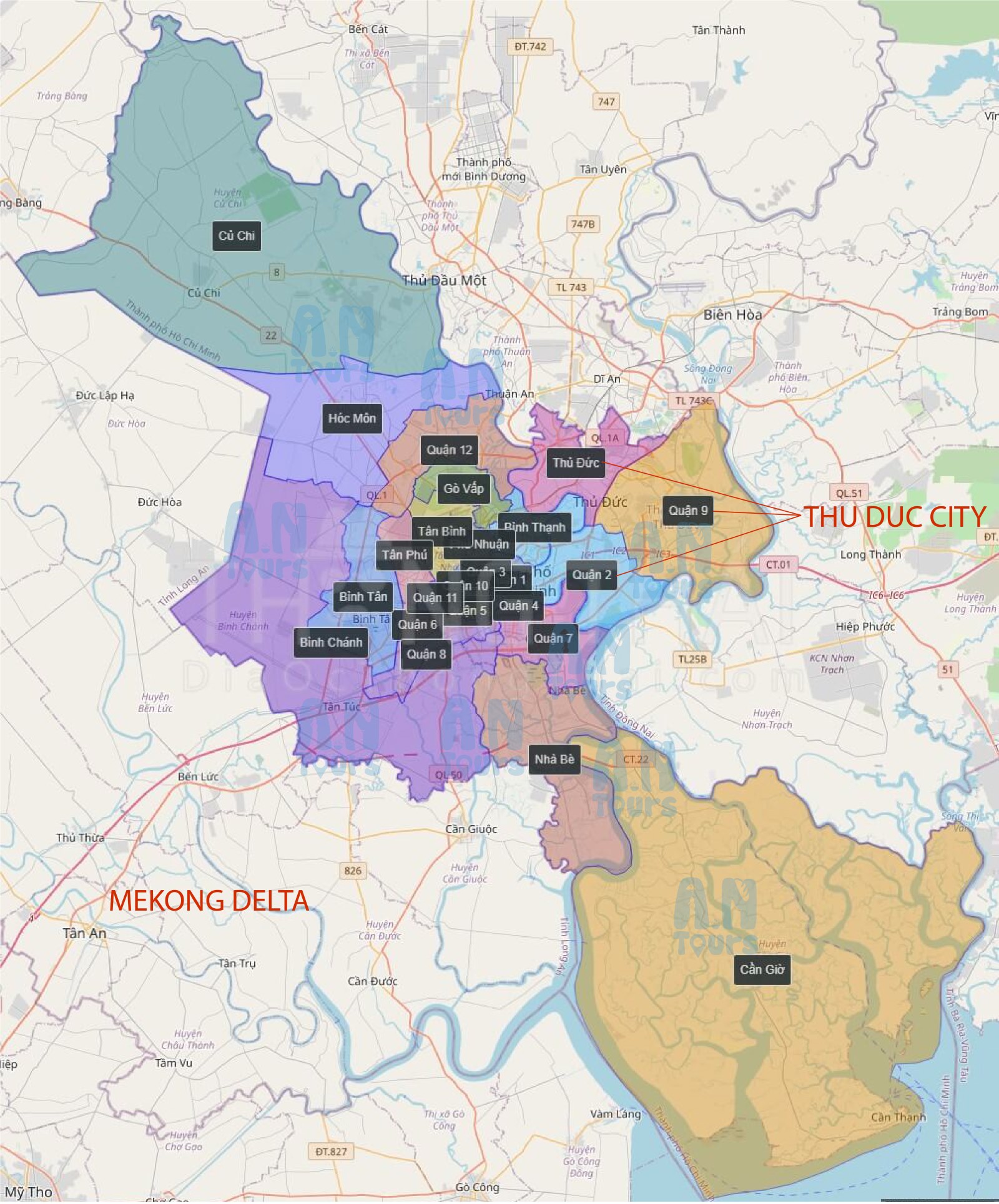 Ho Chi Minh City Districts Map - AN Tours Vietnam