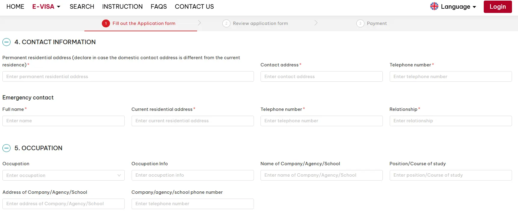 Other contact info section - Vietnam visa application form