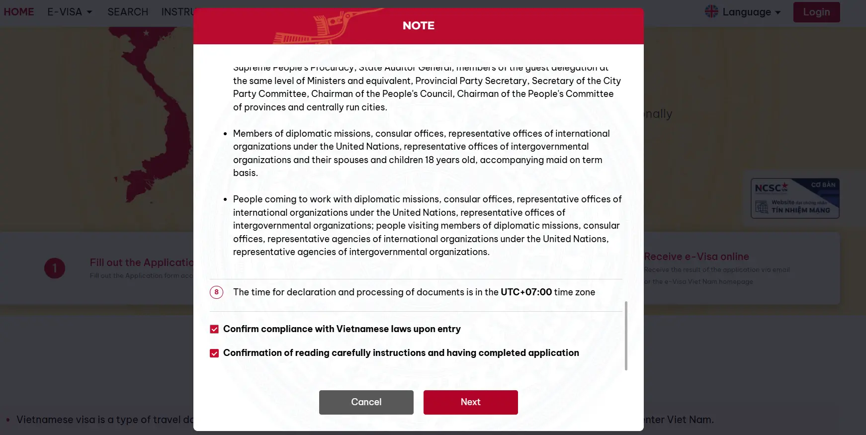 Tick all the boxes to confirm and click Next to fill Vietnam visa form