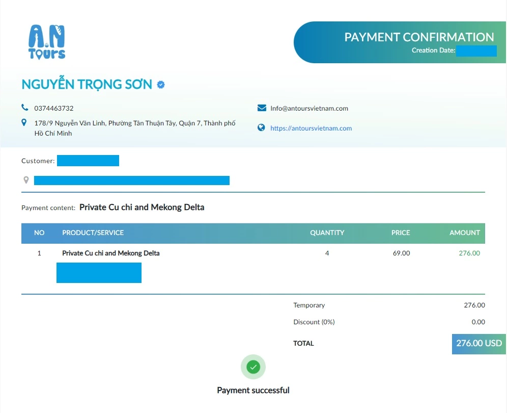 An example of 9Pay secure payment for AN Tours Vietnam service