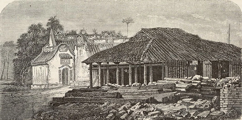 Abandoned house and pagoda, which was converted into a church, drawing in L'Illustration newspaper in 1864