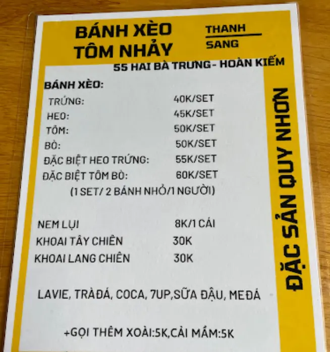 Banh Xeo Thanh Sang - Vietnamese pancake Menu
