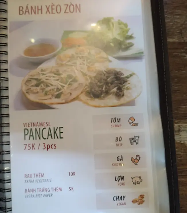 Banh xeo Zon Hanoi - Menu