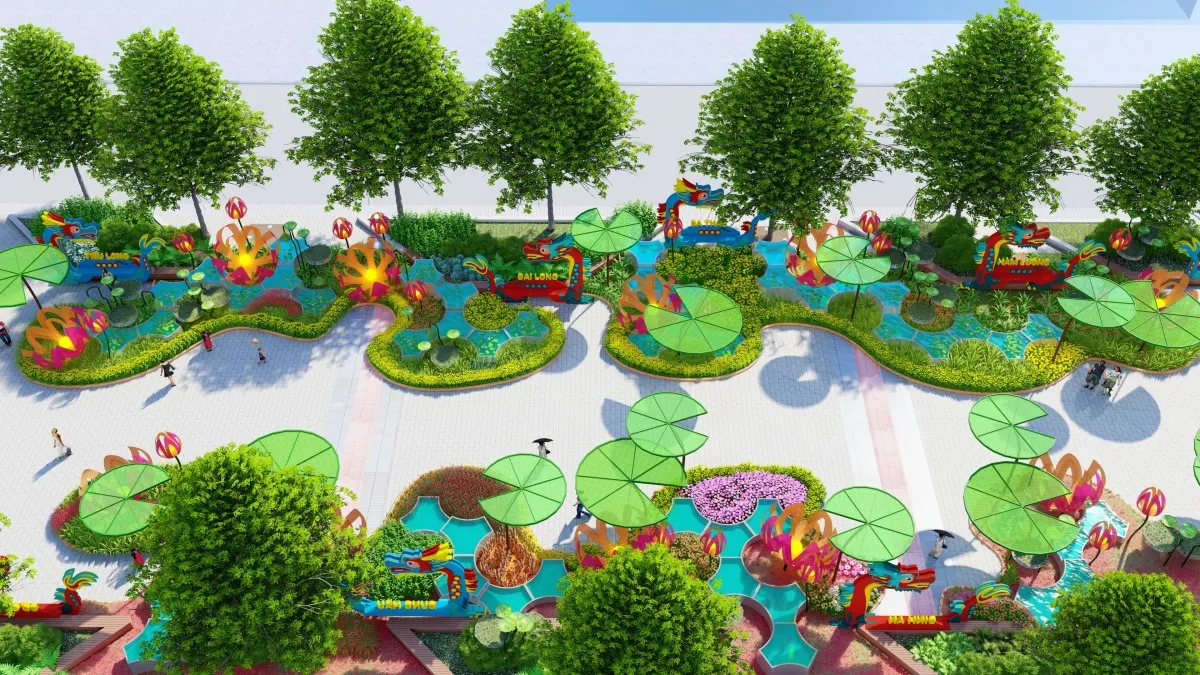 Concept of Nguyen Hue Flower Market 2024 from above