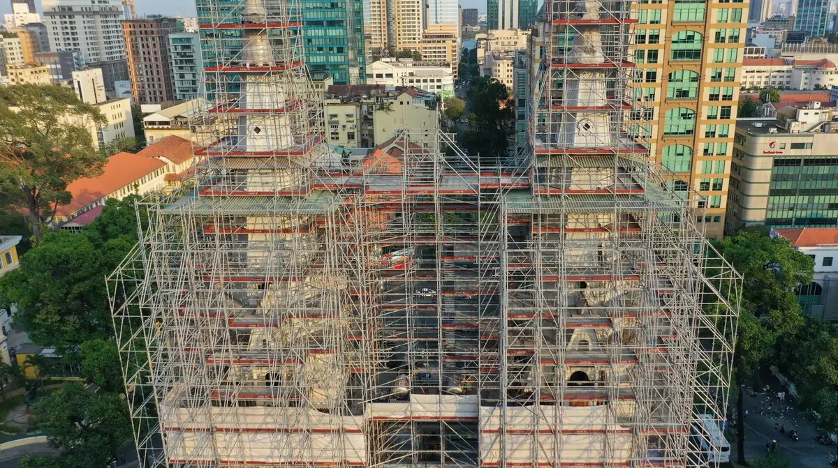 The bell towers of the Notre Dame Cathedral Saigon is under process of renovation