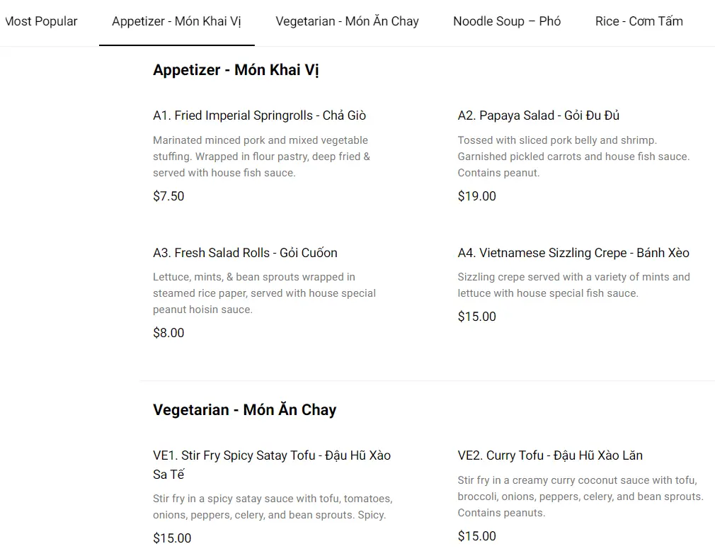 Anh Dao Restaurant - food menu