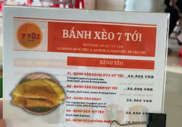 Banh Xeo 7 Toi - Menu