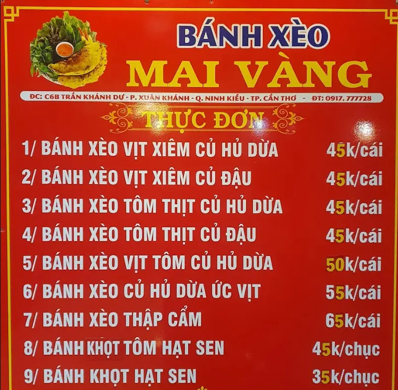 Banh Xeo Mai Vang - Menu