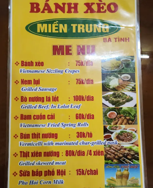 Central Banh Xeo Ba Tinh - Menu