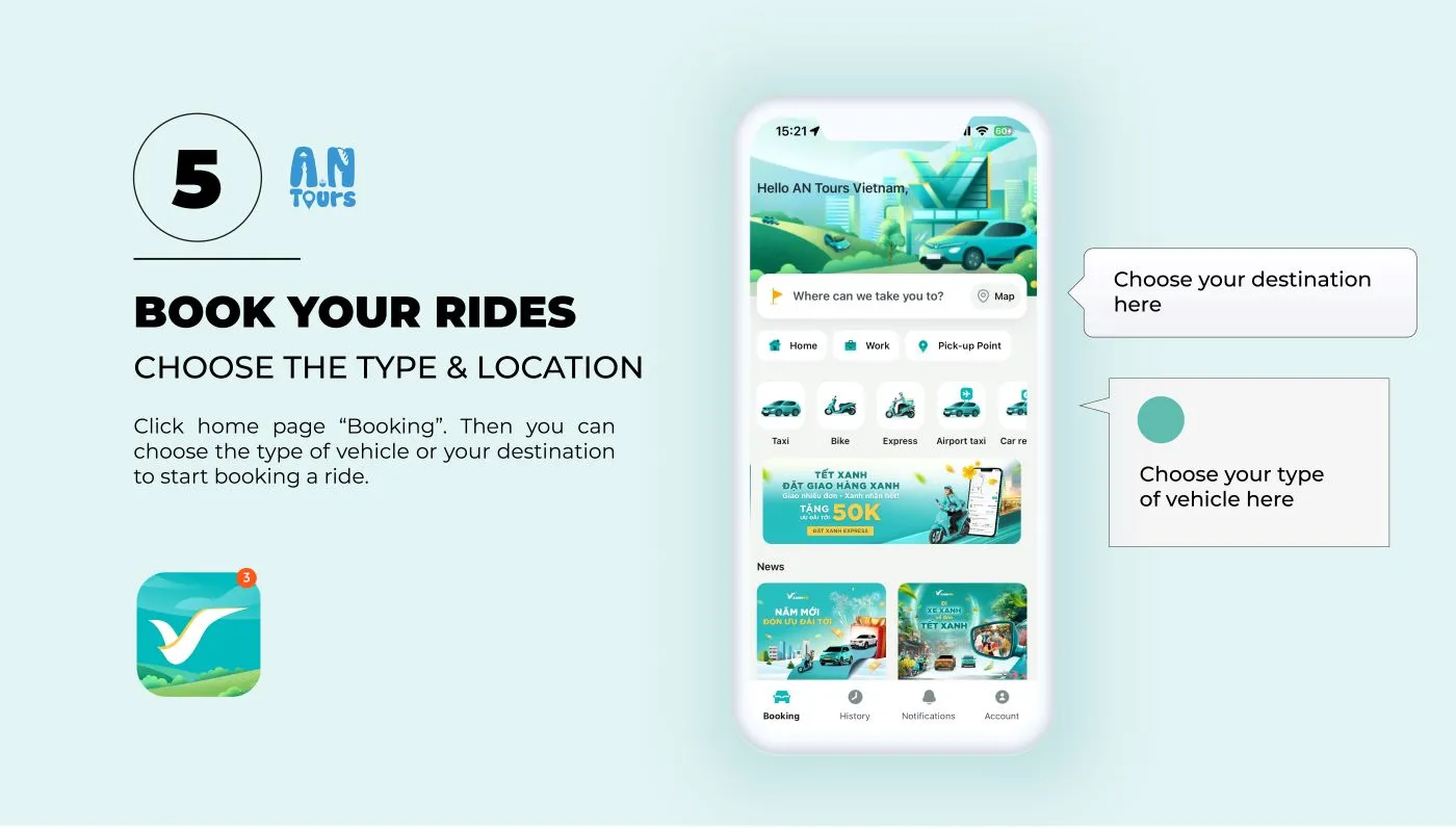 Choose your type of vehicle or destination