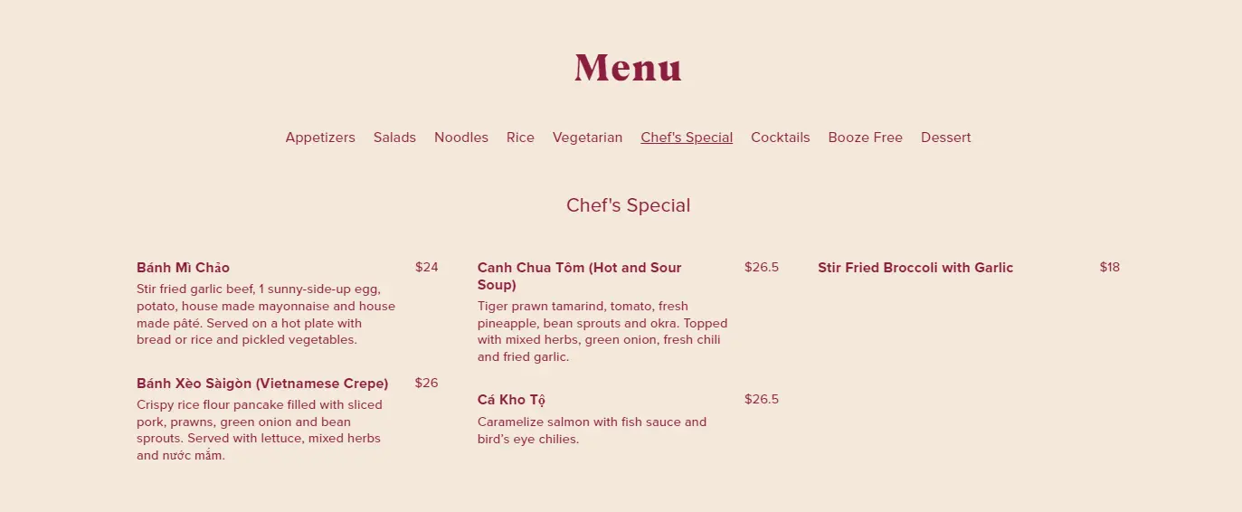 Com Vietnamese Restaurant - Banh xeo menu