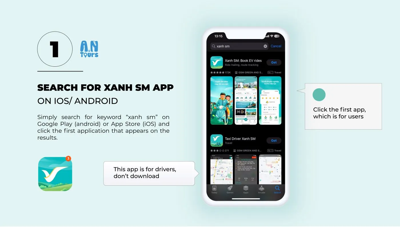 Step 1 - Search for Xanh SM app