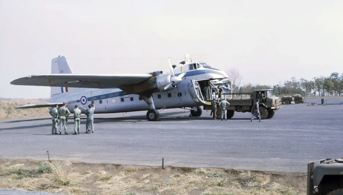1969 RNZAF Bristol Freighter NZ5903 unloading at Luscombe Airfield
