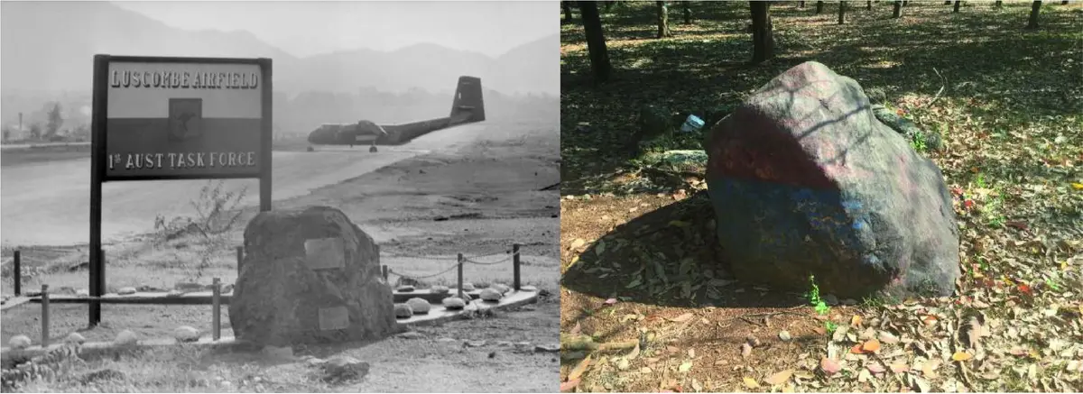 The rock at Luscombe Airfield board - Now and then