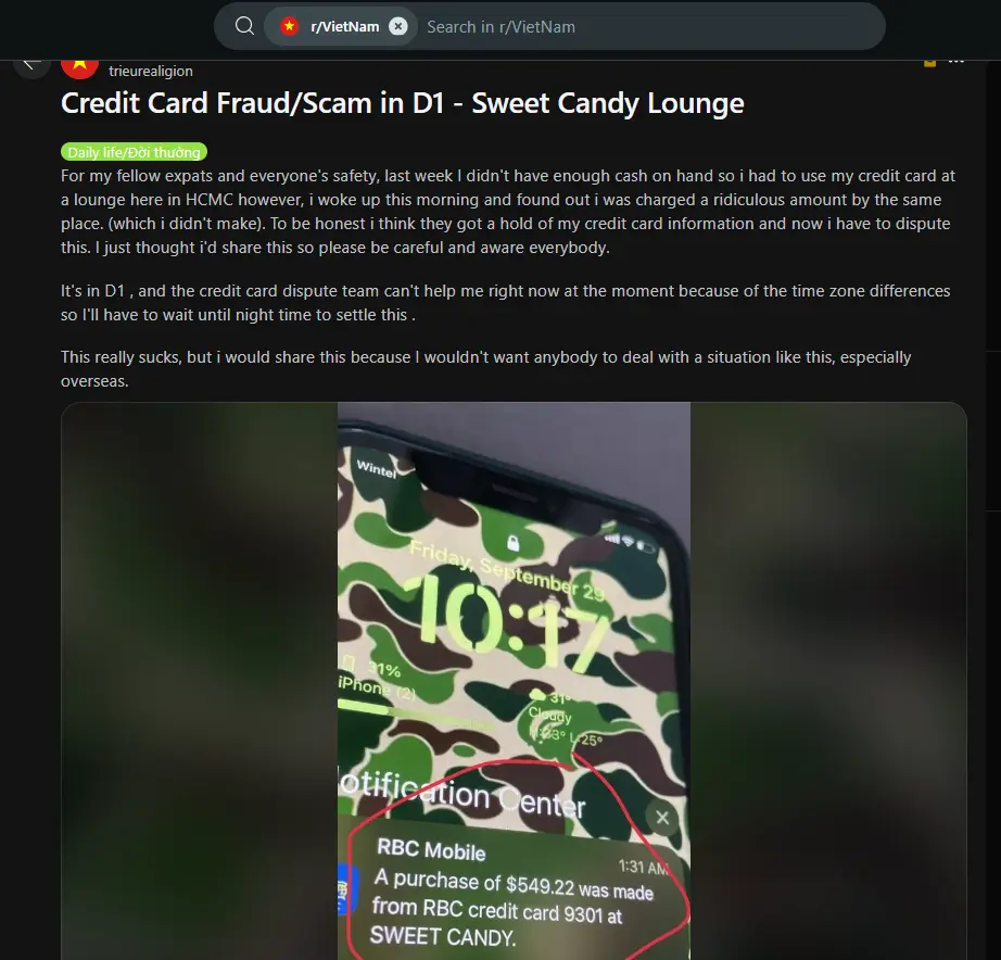 An expat credit card is charged without his permission on a Sweet Candy Bar - Pasteur Street