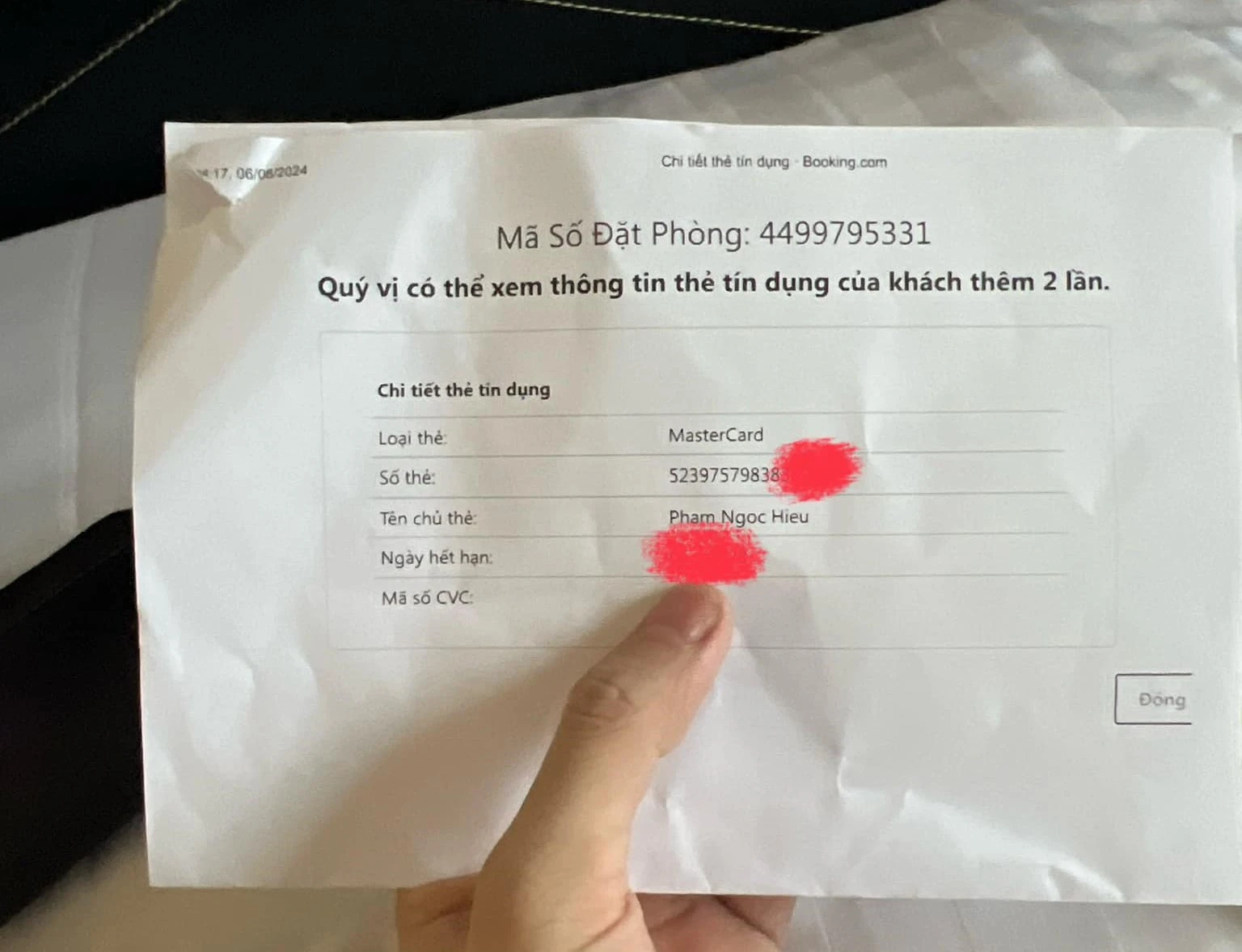 All of the information of the credit card was printed unsecurely by the hotel via Agoda