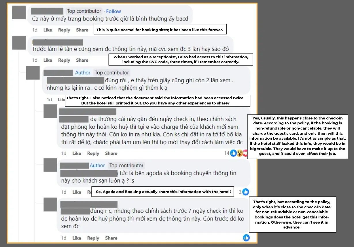 Conversations between hotel receptionists who got customer credit card info via Agoda and Booking