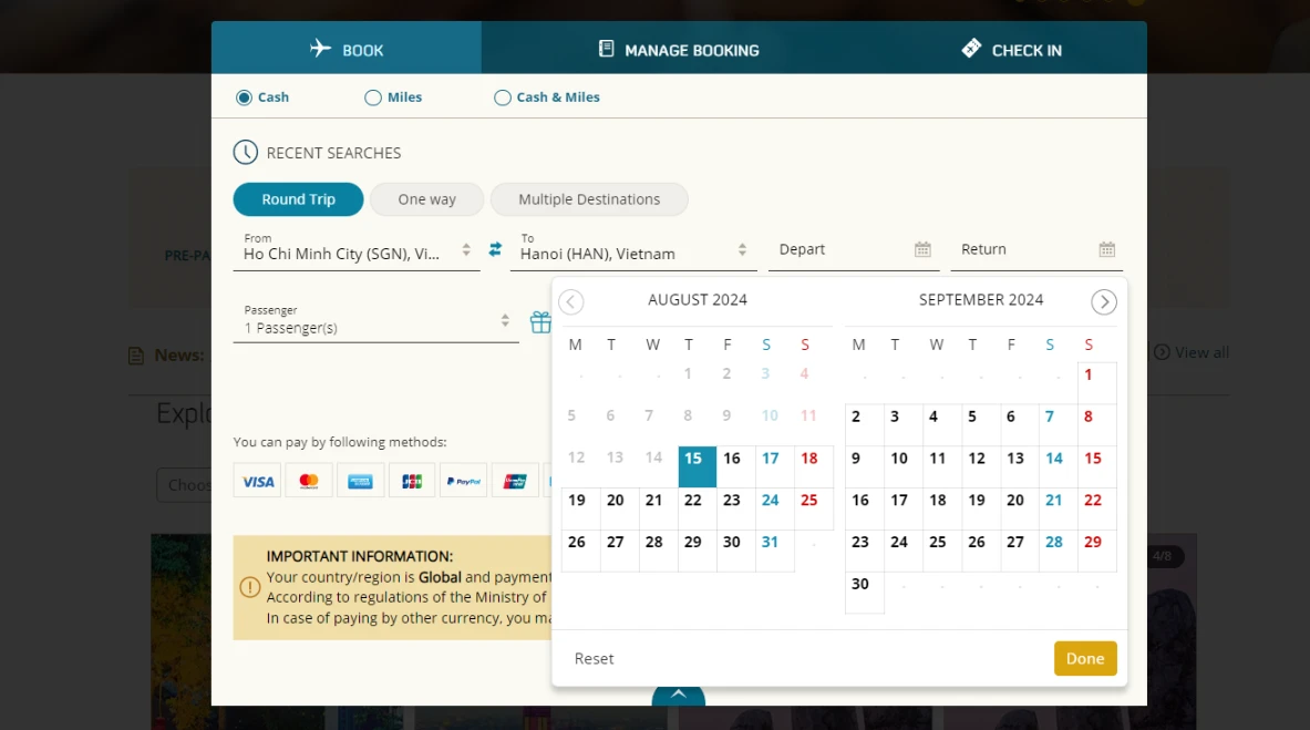 Visit Vietnam Airlines website and choose dates - destinations