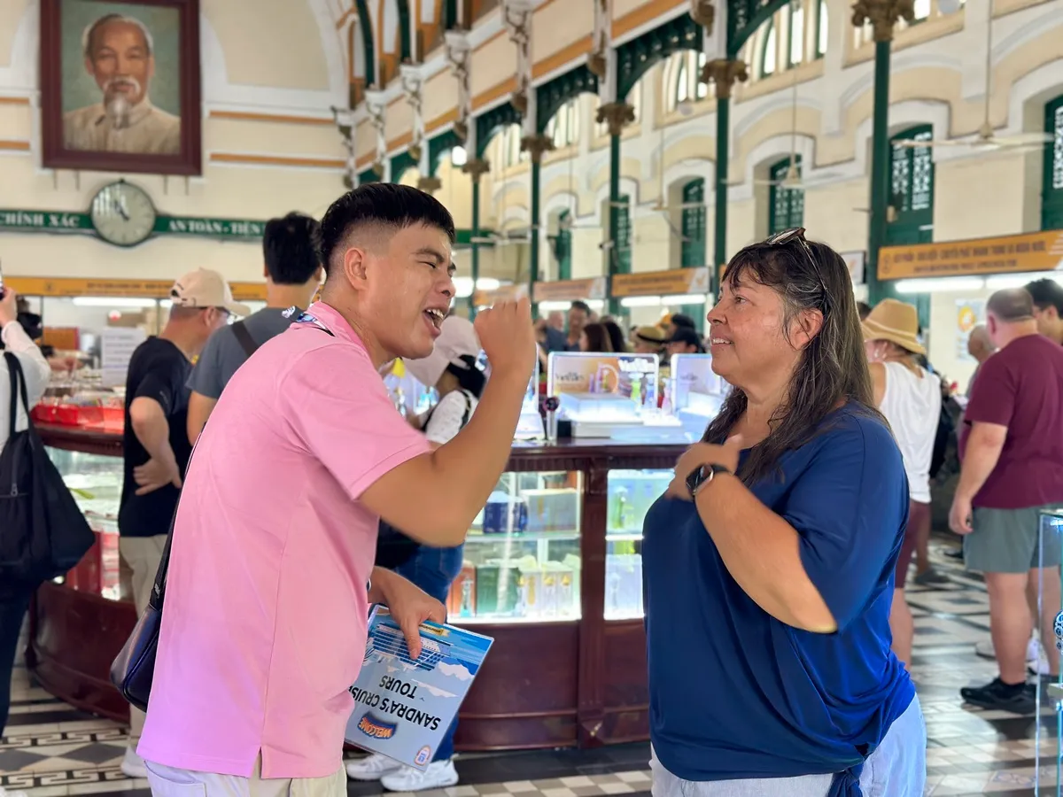 Tour guide telling stories about the place to a guest