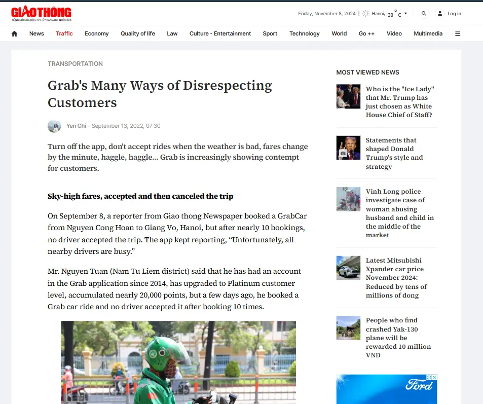 Traffic Newspaper reporting Grab drivers bad behaviors