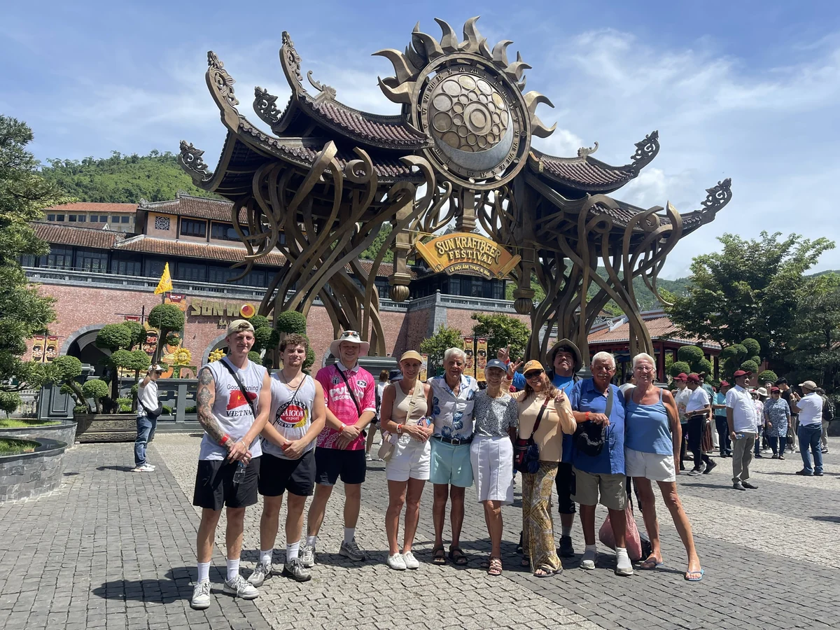 Tour group at the Time Gate entrance to Ba Na Hills